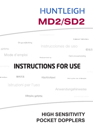 Table of Contents Doppler Measurement Sites and Recommended Probes ...3 1. Safety ...4 1.1 1.2  Warnings... 4 Patient Applied Parts ... 5  2. Introduction ...6 2.1 2.2 2.3 2.4  Unpacking / Preliminary Checks ... 6 Battery Insertion / Replacement ... 6 Product Controls... 7 Product Labelling... 7  3. Operation ...9 3.1 3.2 3.3  Vascular Mode ... 9 Obstetric Mode ... 11 After Use ... 12  4. Care and Cleaning ...13 4.1 4.2 4.3 4.4  General Care... 13 General Cleaning and Disinfecting ... 14 Cleaning and Disinfecting Patient Applied Parts ... 14 Maintenance and Repair... 15  5. Specifications ...16 5.1 5.2 5.3 5.4 5.5 5.6  Equipment Classification ... 16 Standards Compliance ... 16 FHR Performance... 16 Waveform Outputs (MD2 Only) ... 17 General ... 17 Environmental ... 17  6. End of Life Disposal...18 7. Warranty & Service ...19  Dopplex, and Huntleigh are registered trademarks of Huntleigh Technology Ltd. 2004. © Huntleigh Healthcare Ltd. 2004-2014  