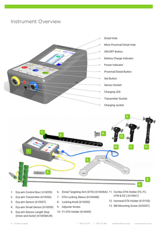 Instrument Overview •  Distal Hole  •  More Proximal Distal Hole  •  ON/OFF Button  •  Battery Charge Indicator  •  Power Indicator  •  Proximal/Distal Button		  •  Set Button  •  Sensor Socket  •  Charging LED  •  Transmitter Socket  •  Charging socket  9.  7.  8.  6.  13.  10.  11.  12.  1. 2.  5. 3. 4.  2. Ezy-aim Transmitter (610056)  6. Distal Targeting Arm (DTA) (610046A) 11. Combo DTA Holder (F2, F3, UTN & S2 ) (610061) 7. DTA Locking Sleeve (610046B)  3. Ezy-aim Sensor (610057)  8. Locking Knob (610050)  12. Humeral DTA Holder (610105)  4. Ezy-aim Small Sensor (610059)  9. Adjuster Knobs  13. M8 Mounting Screw (632007)  5. Ezy-aim Sensor Length Stop (Inner and Outer) (610058A/B)  10. F1 DTA Holder (610045)  1. Ezy-aim Control Box ( 610055)  4 | Austofix Surgical  T  1300 727 075  F 1300 727 380  sales@austofix.com.au  www.austofix.com.au  