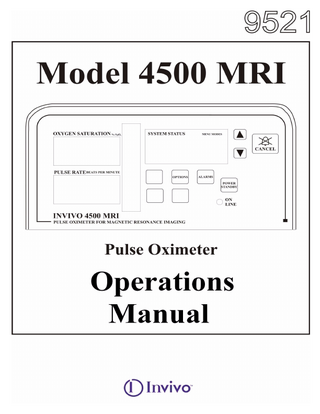 TABLE OF CONTENTS Paragraph Number Page Number EQUIPMENT CLASSIFICATION ... i PRECAUTIONS ... iv USER RESPONSIBILITY ... ix ACCESSORIES...x 1.0 1.1 1.2 1.3  1.4 1.5 1.6 1.7 1.8 1.9 2.0 2.1  2.2  2.3 3.0 3.1 3.2  3.3  INTRODUCTION... 1-1 Features. ... 1-1 Using this Manual. ... 1-1 Front Panel. ... 1-2 1.3.1 PULSE RATE Display ... 1-2 1.3.2 OXYGEN SATURATION (%SpO2) Display... 1-2 1.3.3 Pulse-TrakTM Light Bar... 1-2 1.3.4 SYSTEM STATUS Display ... 1-2 1.3.5 UP and DOWN Arrows ... 1-2 1.3.6 CANCEL Control ... 1-2 1.3.7 POWER/STANDBY Control ... 1-2 1.3.8 RECHARGE Indicator... 1-2 1.3.9 ALARMS Control... 1-3 1.3.10 OPTIONS Control ... 1-3 Top Panel. ... 1-3 1.4.1 “THRU OUT” I/O Port ... 1-3 1.4.2 "IN" I/O PORT... 1-3 MRI Stand Alone Pulse Oximeter. ... 1-4 1.5.1 Auto Shut Off... 1-4 Theory of Oximetry ... 1-4 Fiber Optic Sensor ... 1-5 Cleaning Instructions ... 1-5 Cleaning Accessoriesr... 1-5 USING THE MONITOR. ... 2-1 Patient and Probe Preparation... 2-1 2.1.1 Probe and Site Preparation... 2-1 2.1.2 Probe Positioning ... 2-2 2.1.3 Probe Removal... 2-2 2.1.4 Infant Extremities... 2-2 Operating the Monitor... 2-2 2.2.1 Turning the Monitor On... 2-2 2.2.2 Connected Probe. ... 2-3 2.2.3 Unconnected Probe. ... 2-3 2.2.4 Setting Other Parameters. ... 2-3 AC Power Adapter Installation (P/N HE153A and HE153B). ... 2-3 ALARMS AND MESSAGES... 3-1 General Operation of Menus... 3-1 Setting the Alarms... 3-1 3.2.1 HiSa Alarm. ... 3-1 3.2.2 LoSa Alarm. ... 3-2 3.2.3 High Pulse Rate Alarm. ... 3-2 3.2.4 Low Pulse Rate Alarm. ... 3-3 3.2.5 Alarm Limits Range... 3-3 Alarm Modes. ... 3-3 3.3.1 Latching Mode. ... 3-4  