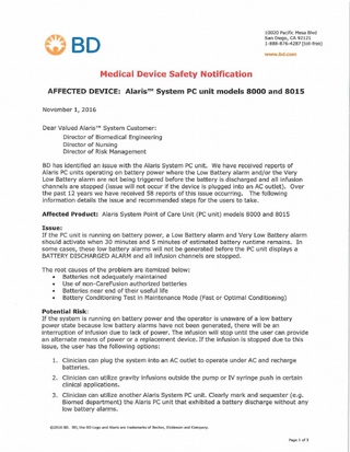 Models 8000 and 8015 Medical Device Safety Notification Nov 2016