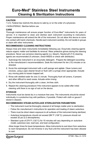 Euro-Med Stainless Steel Instruments Cleaning and Sterilization Instructions