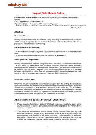 V90 Vaporizer Urgent Field Safety Notice 