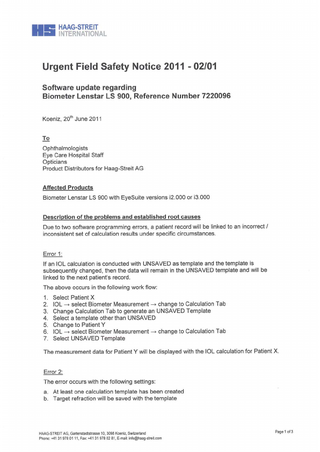 Lenstar LS900 Urgent Field Safety Notice June 2011