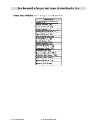 Disc Preparation Surgical Instruments Instructions for Use Translations available (click on language to advance to translation): LANGUAGE  English (EN) French (Français - FR) German (Deutsch - DE) Italian (Italiano - IT) Portuguese (Português – PT) Spanish (Español – ES) Dutch (Nederlands - NL) Greek (Ελληνικά - EL) Danish (Dansk – DA) Finnish (Finnish - FIN) Swedish (Svenska – SE) Norwegian (Norsk – NO) Polish (Polski – PL) Romanian (Română – RO) Bulgarian (Български – BG) Turkish (Türkçe – TR) Chinese (简体中文 – CN) Korean (한국어 – KO)  RD_IFU-0007 Rev. C  Part List and Label Glossary  