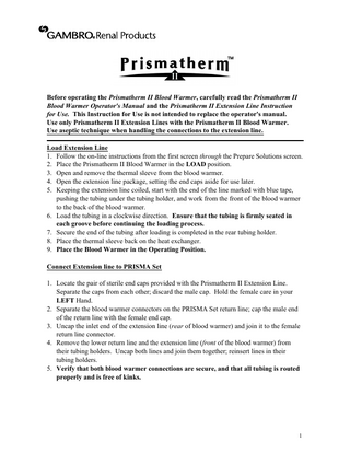 Prismatherm II Blood Warmer Instruction for Use Rev B