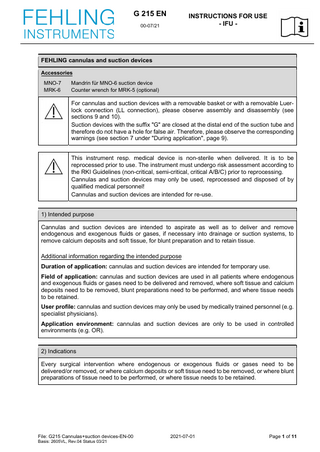 Cannulas and suction devices Instructions for Use