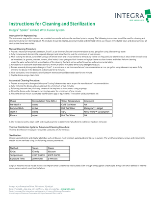 Instructions for Cleaning and Sterilization Integra™ Spider™ Limited Wrist Fusion System Instruction for Reprocessing: The instrument tray and its contents are provided non-sterile and must be sterilized prior to surgery. The following instructions should be used for cleaning and decontaminating non-sterile product. All products should be cleaned, decontaminated and sterilized before use. Always immediately clean and decontaminate all devices that have been soiled.  Manual Cleaning Procedure: 1. Prepare a neutral pH enzymatic detergent, Enzol®, as per the manufacturer’s recommendation at 1 oz. per gallon using lukewarm tap water. 2. Fully immerse each device in the prepared detergent and allow them to soak for a minimum of two minutes. 3. After soaking the device, scrub them using a soft bristle brush and circular strokes to remove any visible soil. Pay particular attention to all areas where the soil could be imbedded (i.e. grooves, crevices, lumens, blind holes). Use a syringe to flush lumens and a pipe cleaner to clean lumens and holes. Perform cleaning under the water surface to limit aerosolization of the cleaning fluid and soil, as well as for worker and environmental safety. 4. Rinse device in lukewarm deionized water for a minimum of one minute to remove any detergent residuals. 5. Prepare a neutral pH enzymatic detergent, Enzol®, in a sonicator as per the manufacturer’s recommendation at 1 oz. per gallon using lukewarm tap water. Fully immerse the device in the detergent and sonicate for 10 minutes. 6. After sonication, rinse the device with lukewarm reverse osmosis/deionized water for one minute. 7. Dry the device using a clean cloth.  Automated Cleaning Procedure: 1. Prepare an enzymatic detergent (Klenzyme®) using lukewarm tap water as per the manufacturer’s recommendation. 2. Fully immerse the device, allowing to soak for a minimum of two minutes. 3. Following the soak time, flush any lumens of the implants or instruments using a syringe. 4. Rinse the device under lukewarm running tap water for a minimum of one minute. 5. Place the device into an automated washer (Steris 444 or equivalent). The washer cycle parameters are:  Phase Pre-Wash 1 Enzyme Wash Wash 1 Rinse 1  Recirculation Time (Min.) 02:00 01:00 02:00 05:00  Water Temperature Cold Tap Water Hot Tap Water 60°C Hot Tap Water  Detergent NA Klenzyme®, 1 oz/gal Renu-Klenz™ 1/2oz/gallon NA  6. Dry the device with a clean cloth and visually examine to determine if all adherent visible soil has been removed.  Thermal Disinfection Cycle for Automated Cleaning Procedure: Thermal disinfection rinse/cycle -should be used at 82.2°C for 1 minute.  Sterilization: Unless supplied sterile and clearly labeled as such, all devices must be steam autoclaved prior to use in surgery. The wrist fusion plates, screws and instruments may be steam sterilized using the following process parameters:  Method: Cycle: Temperature: Exposure Time:  Steam Gravity 270°F (132°C) 30 Minutes  Steam Vacuum 270°F (132°C) 4 Minutes  Surgical implants should not be reused. Any implant once used should be discarded. Even though it may appear undamaged, it may have small defects or internal stress patterns which could lead to failure.  Integra 311 Enterprise Drive, Plainsboro, NJ 08536 609-275-0500 800-654-2873 toll free 609-275-5363 fax n  n  n  n  integralife.com  Spider, Integra and the Integra logo are trademarks of Integra LifeSciences Corporation ©2010 Integra LifeSciences Corporation. All Rights Reserved. ER4175-08/10  