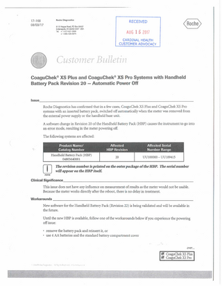 CoaguChek XS Plus and XS Pro Customer Bulletin Aug 2017