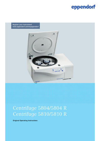 Table of contents Centrifuge 5804/5804 R Centrifuge 5810/5810 R English (EN) Table of contents 1 Operating instructions... 7 1.1 Using this manual... 7 1.2 Danger symbols and danger levels... 7 1.2.1 Danger symbols... 7 1.2.2 Danger levels... 7 1.3 Symbols used... 8 1.4 Abbreviations used... 8 2 Safety... 9 2.1 Intended use... 9 2.2 User profile... 9 2.3 Application limits... 9 2.4 Warnings for intended use... 10 2.4.1 Personal injury or damage to device... 10 2.4.2 Incorrect handling of the centrifuge... 12 2.4.3 Incorrect handling of the rotors... 12 2.4.4 Extreme strain on the centrifugation tubes... 14 2.5 Safety instructions on the device... 15 3 Product description... 17 3.1 Product overview... 17 3.2 Delivery package... 18 3.3 Features... 19 3.4 Name plate... 20 4 Installation... 23 4.1 Selecting the location... 23 4.2 Preparing installation... 24 4.3 Installing the instrument... 24 5 Operation... 27 5.1 Operating controls... 27 5.2 Preparing for centrifugation... 28 5.2.1 Switching on the centrifuge... 28 5.2.2 Inserting the rotor... 28 5.2.3 Automatic rotor detection... 29 5.2.4 Loading the rotor... 30 5.2.5 Closing the centrifuge lid... 34 5.3 Cooling (only 5804 R/5810 R)... 34 5.3.1 Temperature adjustment... 34 5.3.2 Temperature display... 34 5.3.3 Temperature monitoring... 35 5.3.4 FastTemp... 35 5.3.5 Continuous cooling... 36 5.4 Information on aerosol-tight centrifugation... 37 5.4.1 Aerosol-tight centrifugation in a fixed-angle rotor... 37 3