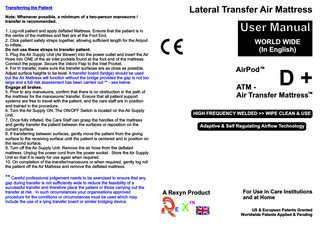 Transferring the Patient  Lateral Transfer Air Mattress  Note: Whenever possible, a minimum of a two-person manoeuvre / transfer is recommended.  User Manual  1. Log-roll patient and apply deflated Mattress. Ensure that the patient is in the centre of the mattress and feet are at the Foot End. 2. Click patient safety straps together, allowing sufficient length for the Airpod to inflate. Do not use these straps to transfer patient. 3. Plug the Air Supply Unit (Air Blower) into the power outlet and insert the Air Hose into ONE of the air inlet pockets found at the foot end of the mattress. Connect the popper. Secure the Velcro Flap to the Inlet Pocket. 4. For th transfer, make sure the transfer surfaces are as close as possible. Adjust surface heights to be level. A transfer board (bridge) should be used but the Air Mattress will function without the bridge provided the gap is not too large and a full risk assessment has been carried out ** - see below. Engage all brakes. 5. Prior to any manoeuvre, confirm that there is no obstruction in the path of the mattress for the manoeuvre/ transfer. Ensure that all patient support systems are free to travel with the patient, and the care staff are in position and trained in the procedure. 6. Turn the Air Supply ON. The ON/OFF Switch is located on the Air Supply Unit. 7. Once fully inflated, the Care Staff can grasp the handles of the mattress and gently transfer the patient between the surfaces or reposition on the current surface. 8. If transferring between surfaces, gently move the patient from the giving surface to the receiving surface until the patient is centered and in position on the second surface. 9. Turn off the Air Supply Unit. Remove the air hose from the deflated mattress. Unplug the power cord from the power socket . Store the Air Supply Unit so that it is ready for use again when required. 10. On completion of the transfer/manoeuvre or when required, gently log roll the patient off the Air Mattress and remove the deflated mattress.  WORLD WIDE (In English)  AirPod TM  D+  ATM Air Transfer MattressTM HIGH FREQUENCY WELDED >> WIPE CLEAN & USE Adaptive & Self Regulating Airflow Technology  ** Careful professional judgement needs to be exercised to ensure that any gap during transfer is not sufficiently wide to reduce the feasibility of a successful transfer and therefore place the patient or those carrying out the transfer at risk . In such circumstances your organisations approved procedure for the conditions or circumstances must be used which may include the use of a lying transfer board or similar bridging device.  A Rexyn Product  For Use in Care Institutions and at Home  YN  E  X  US & European Patents Granted Worldwide Patents Applied & Pending  