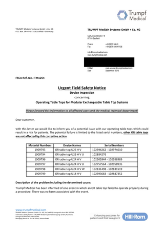 Operating Table Tops for Modular Exchangeable Table Top Systems Urgent Field Safety Notice Sept 2016