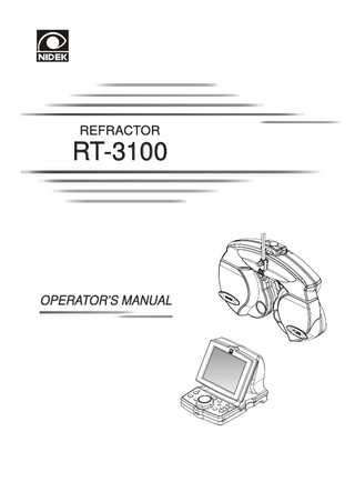 Table of Contents 1. BEFORE USE... 1 1.1 Outline of Refractor...1 1.2 Intended Use...1 1.3 Configuration...2 1.3.1 1.3.2 1.3.3 1.3.4  Refractor head...2 Control box...4 Relay box...12 Connecting each unit...13  1.4 Labels...14 1.5 Before First Use...17 1.6 Getting Started and Exiting...19 1.6.1 1.6.2 1.6.3  Getting started...19 Restoring from power saving mode...19 Exiting...19  2. OPERATING PROCEDURES... 21 2.1 Operation Flow...21 2.2 Entering Data...22 2.2.1 2.2.2  Manual data entry with dial...22 From Eye Care card...23  2.3 Setting Prism Lenses...24 2.3.1 2.3.2 2.3.3 2.3.4 2.3.5 2.3.6  Displaying prism values...24 Switching between rectangular and polar coordinates...24 Rectangular coordinates (XY)...24 Polar coordinates (rq)...25 Removing rotary prism lenses...25 Prism data clear...25  2.4 Preparation...26 2.5 Standard Program Refraction...27 2.5.1  Program A...27  2.6 Chart Presentation...34 2.6.1 2.6.2 2.6.3 2.6.4 2.6.5 2.6.6  Chart selection...34 Visual acuity chart mask functions...34 Low illumination, glare lamp, and contrast functions (SSC series)...37 Reverse function (SC series)...38 Contrast function (SC series)...39 Displaying Images (SC series)...40  2.7 Link Off Function...42 2.8 Printing...43  IX  