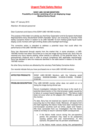 LMD-195MD Medical Device Field Action-Monitoring Switching Off Jan 2015