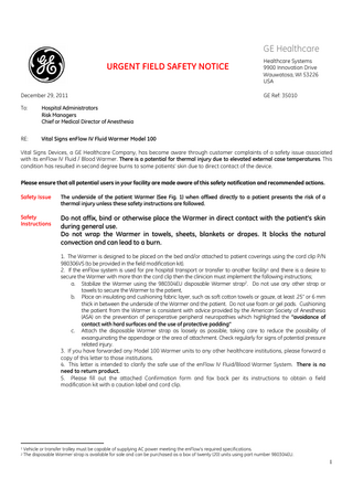 enFlow Warmer Model 100 Urgent Field Safety Notice Dec 2011