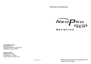 Table of Contents  9. Technical Description Pump  Specification AC100-120V, 50/60Hz, 1.0A  Important Safeguards... ...  2  Introduction... ...  3  Product Description... ...  4  Installation... ...  5  Operation... ...  7  Fuse Rating  AC220-240, 50/60Hz, 1.0A  1A  Dimension (L x W x H)  T1A 37 x 27 x 13 (cm) or 14.4" x 10.5" x 5.0"  Weight  6.0 kg or 13.2 lb  Environment  Operation:  10  ~30  Storage:  -10  ~50  Shipping:  -10  ~70  30%~ 75% RH non- condensing  Temperature  Cleaning ... 11  Humidity  Operation:  Storage... ... 11  Atmosphere  Storage: 10%~ 90% RH non-condensing 700 hPa ~ 1060 hPa  Maintenance... ... 12  Classification:  Troubleshooting... ...  13  Technical Description... ...  14  Class II, Type BF, Applied Parts: Mattress Not suitable for use in the presence of a flammable anesthetic mixture IPX0, Enclosed equipment without protection against ingress of water Continuous operation  Mattress Model  FOR US AND CANADA ONLY Dimension (L x W x H)  E228289 53DG  Medical Equipment-Air Pump with respect to electrical shock, fire and mechanical hazards only in accordance with UL60601-1 AND CAN/CSA C22.2 NO.601.1  Weight  Specification Bariatrics 42  Bariatrics 48  200 x 107 x 26(cm)  200 x 122 x 26(cm)  78.7" x 42 " x 10"  78.7" x 48 " x 10”  11.6 kg or 25.5 lb  12.8 kg or 28.2 lb  NOTE: The specifications, also apply to those areas operating with the same power supply.  SYMBOLS "BF" symbol, indicate this product is according to the degree of protecting against electric shock for type BF equipment. The Symbol for class II equipment, 2 concentric square indicating double insulation. The Neo-Series Pump is in conformity with the Medical Devices Directive (93/42/EEC) and has been subject to the conformity assurance procedures laid down in the Council Directive.  1  Attention, should read the instructions.  IPX 0  Enclosed equipment without protection against ingress of water.  14  