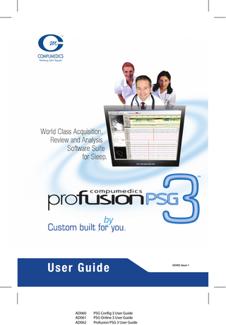 Contents  3  Table of Contents Part I Introduction  7  Part II Before You Start  7  1 Auto Save... 8 2 Using My Workspace ... 8 3 Navigating ... Studies 10 4 Data Sets... 12  Part III Open Study  14  1 Study Details ... 16 2 Check Online ... Analysis 17 3 Check Patient ... Calibration 17 4 Import from ... EDF 18 5 Closing Studies ... 20  Part IV Trace Display  21  1 Configuring ... Trace Layout 22 2 Configuring ... Traces 24 3 Managing... Trace Layouts 26 4 Shortcuts... 27 5 Derived Traces ... 29  Part V Study Analysis  31  1 Analysis ... Settings 32 Scoring Mode ... 34 Study Type ... 36 Sleep  ... 37  Respiratory ... 41 Arousal  ... 48  Manual Classification ... 49 Automatic Classification ... 51 Limb Movements ... 55 Other  ... 57  2 Automatic ... Analysis 60 Sleep Analysis ... 61 Arousal Analysis ... 62 Respiratory ... Analysis 63 Respiratory ... Parameters 64 Apnea/Hypopnea ... detection parameters 65 Minimum Apnea/Hypopnea ... duration (seconds) 66  © 1997 - 2007 by Compumedics Limited, all rights reserved  