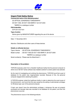 3D OCT-1000 and 2000 series Urgent Field Safety Notice Nov 2013