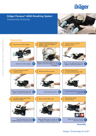 91 02 842 | 16.09-4 | HQ | HO | Subject to modifications | © 2016 Drägerwerk AG & Co. KGaA  D-41942-2012  Dräger Perseus® A500 Breathing System Disassembly/Assembly  Disassembly Unscrew the CLIC adapter.  Screw the CLIC adapter.  Loosen and pull out the inspiratory port.  Push in the inspiratory port and tighten it with the knurled nut. Lift off the upper part of the breathing system.  Place the upper part of the breathing system on the lower part.  Insert the cleaning disk into the adapter. Close the adapter so that it engages.  Loosen and pull out the expiration port.  Remove the cleaning disk from the adapter. Close the adapter so that it engages.  Push in the expiratory port and tighten it with the knurled nut.  Remove the flow sensors.  Turn the three levers counterclockwise about 120°.  Insert the flow sensors.  Screw off the APL valve.  Align the APL valve correctly and tighten it with the knurled nut.  Turn the three levers clockwise about 120°. Remove the valves (red and blue).  Align the valves correctly. Insert the valves.  Assembly  