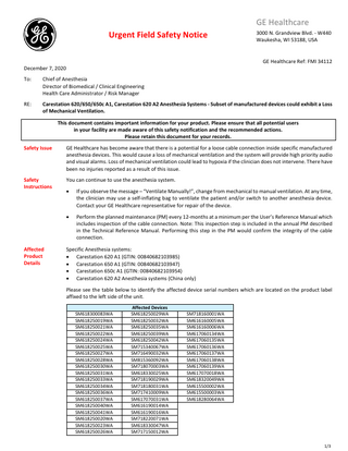 GE Carestation 600 series Anesthesia System Urgent Field Safety Notice Dec 2020 