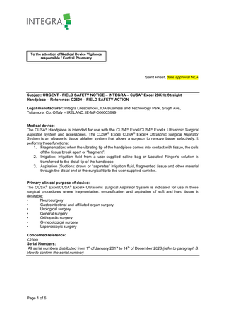 CUSA Excel Straight Handpiece C2600 Urgent Field Safety Notice 