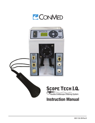 TABLE OF CONTENTS Introduction...3  Viewing Error Report...23  Indication for Use... ...3  Downloading and Viewing Reports on PC...24  Safety Precautions...3  PC Summary Report...25  Specifications...4  PC Cycle Report...26  Accessory Kit Parts List...5  PC Setup Report...26  Flushing Tube Kit Parts List.. ...6  Exporting Reports to Excel...27  Inflation Kits...6  Operating ScopeTech I.Q. - Sequence Mode...28  Installation Procedures...7  Operating ScopeTech I.Q. - Express Mode...30  Irrigation Flushing Tube Assemblies...9  Decontamination for ScopeTech I.Q...32  Elevator Wire and Auxiliary Irrigation Tube Assemblies...11  Cycle Errors...33  Connecting Endoscope Adapters...11  Troubleshooting...34  Connecting Flushing Tubes to Endoscope...12  Endoscope Flushing Guides...35  Endoscope Connection Examples...12  Replacement Parts...38  PC Software Installation...13  Parts Diagram...39  Set-up File Programming...13  EC - Declaration of Conformity...43  Programming ScopeTech I.Q...17  Warranty...44  Viewing Summary Report...22  ©2014 Knight LLC. All rights reserved. Scope Tech I.Q. is a trademark of Knight LLC. The trademarks and names of other companies and products are the property of their respective owners.  0901136-CM Rev.B  2  