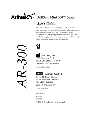 Table of contents 1.0  General Warnings and Safety Notices - Read This First ... 1  1.1  Important Safety Conventions ... 1  1.2  Symbol Definitions ... 5  1.3  Shipping, Unpacking, and Warranty Information ... 6  2.0  Product Description and Intended Use ... 7  2.1  Product Description ... 7  2.2  Intended Use ... 7  2.3  Contraindications ... 7  2.4  Set Composition ... 8  2.5  Product Functions ... 9  2.5.1  AR-300 Handpiece ... 9  2.5.2  AR-300L Battery Pack, Li-Ion...10  2.5.3  AR-3000LBH Battery Housing ...11  3.0  Technical Specifications ... 12  3.1  Handpiece ... 12  3.2  Attachments ... 13  3.3  Safety, EMC, and Regulatory Requirements ... 14  3.4  Electromagnetic Compatibility (EMC)... 14  3.5  Risks due to electromagnetic fields: ... 15  4.0  Setup ... 16  4.1  How to Set Up the Handpiece ... 16  4.2  Setup - Connecting and removing an attachment to the handpiece ... 16  4.3  Setup - Connecting a battery housing to the handpiece... 17  4.4  Setup - Removing the battery housing from the handpiece ... 18  4.5  Setup - Quick Connect of Drilling and Reaming Attachments ... 19  4.6  Setup - Drilling and Reaming Attachments, Keyed Jacobs Chuck ... 20  4.7  Setup - Drilling and Reaming Attachments, Keyless Chuck ... 21  4.8  Setup - Saw Attachment ... 22  4.9  Setup – Burr / Drill Attachments ... 23  4.10 Setup - Wire/Pin Driver Attachment ... 24 4.11 Battery Housing/Battery Pack/Transfer Plate ... 25  5.0  Cleaning and Disinfecting ... 26  DFU-0223-3r0_fmt_en-US  Page i  