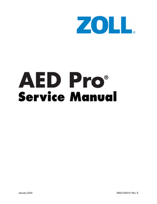 Table of Contents Preface Related Documentation ...iv Conventions ...iv Symbols ...v Warranty ...vi Safety Considerations...vi Technical Service ... vii Returning a Unit for Service ... vii  Chapter 1  Maintenance Tests  Preparations for Testing ... 1-2 Test Equipment ... 1-2 1.0 Physical Inspection ... 1-3 2.0 Power Supply Test/Current ... 1-4 3.0 Power ON Test ... 1-5 4.0 Pediatric Mode/Electrode Connector Type Test ... 1-6 5.0 Defibrillator Energy Test ... 1-7 6.0 Battery Type Test ... 1-9 7.0 Establish Communication ... 1-10 8.0 Internal Discharge Test ... 1-11 9.0 Patient Impedance Calibration ... 1-13 10.0 ECG Lead-Off Detection ... 1-15 11.0 ECG Offset Calibration ... 1-16 12.0 Real Time Clock Test ... 1-18 13.0 Write Calibration to Flash ... 1-20 14.0 Audio Recording Test (if option installed) ... 1-21 15.0 Read Error Log - Final ... 1-22  Chapter 2  Troubleshooting  Troubleshooting the AED Pro Unit ... 2-2 ECG Monitoring Troubleshooting... 2-4 Defibrillator Troubleshooting ... 2-5 AED Pro Error Log Messages ... 2-6  9650-0309-01 Rev. E  ZOLL AED Pro Service Manual  i  