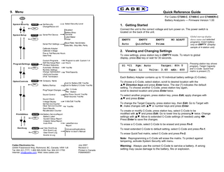 9. Menu  Quick Reference Guide For Cadex C7200-C, C7400-C and C7400ER-C Battery Analyzers - Firmware Version 1.00  MENU  System Security  ENTER ESC  System Setup  ENTER  Set Security ChangePassw ord  Serial Port Device  ESC  Serial Port Settings  Select Security Level  Connect the unit to the correct voltage and turn power on. The power switch is located on the back of the unit.  Disabled BatteryShop Terminal Label Maker Printer Baud Rate: Handshake; Data Bits; Stop Bits; Parity  Calibrate Adapter Calibrate Voltage Pow er Fail Resume Hours Date/Time  Program Settings ENTER ESC  OptionControls  Custom Programs Self Discharge Rest Ohmtest Setpoints Automatic Ohmtest Runtime Settings Charge Optimization LifeCycle Counter dT/dt Termination  ENTER  Company Name  ESC  Battery Startup Prog/Target Changes Sound Control Sound Check Voltage Display Set Service Counter Clear Service Counter Quick Results Recalibration Counter  PrintUtilities  ENTER ESC  Event Log  ENTER ESC  Battery Service Report Battery Label System Setup Report Adapter Setup Report Auto-Print View Event Log Print Event Log Clear Event Log Events to Log  1. Getting Started  EMPTY  EMPTY  EMPTY  Auto  QuickTest  Prime  NO ADAPT  Global start-up display shows status and selected programs. Insert battery only on EMPTY. (Display sample of 4-station unit)  2. Viewing and Changing Settings To view settings, press station key in EMPTY mode. To return to global display, press Esc key or wait for 30 seconds. Program to edit: Custom 1-4 Hours  S1 *C1  Yes/No  Pgm: Auto  Type: Li  Time/Capacity  Target: 80% T  Volts: 3.60  mAh: 600  Pressing station key shows program, Target Capacity and C-Code. QuickTest matrix is present (T).  Each Battery Adapter contains up to 10 individual battery settings (C-Codes). Ask for Battery ID#: Yes/No Ask for Battery C-Code: Yes/No Per: C-Code Per: Station Key Press Sound: Yes/No Alert Sounds: Yes/No Volts/Cell: Yes/No Yes/No  To choose a C-Code, select station, scroll to desired location with the ST Direction keys and press Enter twice. The star [*] indicates the default setting. To choose another C-Code, press station key again, scroll to desired location and press Enter twice. To select another program, press station key, press Edit, apply changes with ST and press Enter. To change the Target Capacity, press station key, then Edit. Go to Target with X, make changes with ST or number keys and press Enter. To create or modify C-Code, press station key, select C-Code to be modified with ST and press Edit. Go to lower line by pressing X twice. Change settings with ST. Move to extended C-Code settings (if needed) using WX. Press Enter to save the changes.  Label/Service Report  To erase a C-Code, select C-Code to be erased and press Fn-0.  AdvancedApplications Refer to User's Manual  To reset extended C-Code to default setting, select C-Code and press Fn-1. To erase QuickTest matrix, select C-Code and press Fn-2. Note: Reprogramming a C-Code will erase the matrix. To protect against tampering, activate System Security with menu.  Cadex Electronics Inc. 22000 Fraserwood Way, Richmond, BC, Canada, V6W 1J6 Tel: 604 231-7777; 1-800 565-5228; Fax: 604 231-7755 Internet: info@cadex.com; Web: www.cadex.com  July 2007 Revision 2 Printed in Canada PSMAN0051  Warning: Always use the correct C-Code to service a battery. A wrong setting may cause damage to the battery, fire or explosion.  