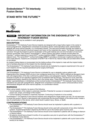 Endoskeleton TA Interbody Fusion Device Important Infomation 