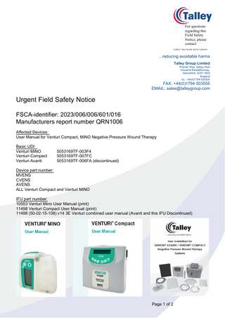 VENTURI Avanti , MINO and Compact Urgent Field Safety Notice 