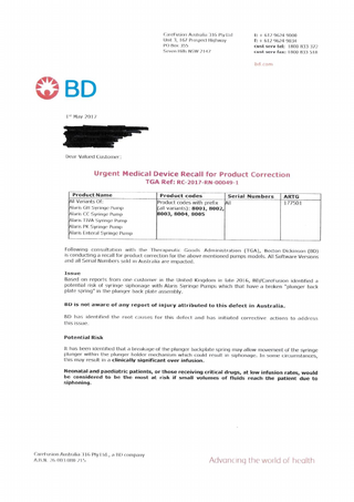 Alaris Syringe Pump Urgent Medical Device Recall for Production Correction May 2017