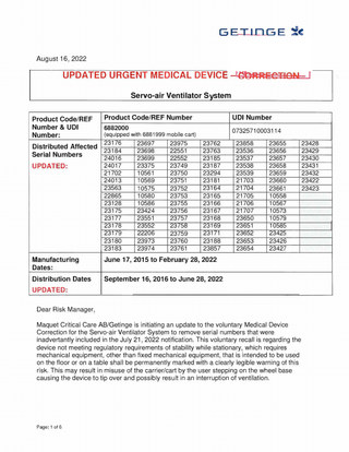 Servo-air Ventilator System Updated Urgent Medical Device Correction Aug 2022