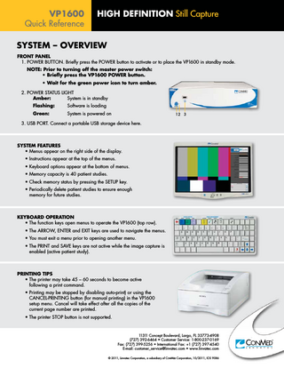 ConMed Linvatec VP1600 Quick Reference Oct 2011