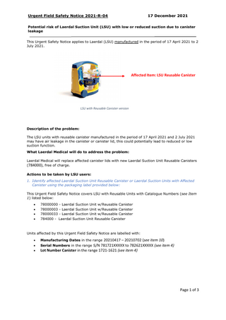 Laerdal Suction Unit (LSU) Urgent Field Safety Notice Dec 2021