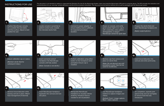 INSTRUCTIONS FOR USE  1  This document is not intended to replace or supercede the Directions For Use for the Nanoscope System. Users must read the Nanoscope’s DFU prior to using the device. The DFU provides the indications and contraindications for use, warnings, symbol definitions, and the full list of product instructions. This document can be found on Arthrex.com as well as packaged with the Nanoscope system.  2 Position NanoScope console on a suitable flat and stable skid-free surface. Adjust to best position for user.  6  3 Locate console in proximity to patient contact area, outside the intended sterile field.  7 Ensure calibration cap is in place.  Connect to power adapter or ensure battery level is sufficient for expected procedure duration.  8 Insert connector end of handpiece into NanoScope console until fully seated.  (Maintain sterile field for subsequent steps.)  4  (Note: Console is not sterile.)  5 Power on console, and verify green power light is on. Log in with credentials, enter patient demographics, or plug-in NanoScope camera for quick start.  9 Perform calibration using either button on the handpiece when prompted. Ensure cap is installed.  Prepare the sterile field and open NanoScope handpiece kit. (Apply surgical gloves.)  10 Remove cap from camera and place on sterile field.  Insert trocar/obturator into cannula and enter joint/cavity.  (Note: Do not discard cap until procedure is over. Cap can be used to recalibrate.)  FRONT  REAR  11  12 Remove trocar/obturator while leaving cannula in place. Attach fluid management (if desired).  13 Insert NanoScope handpiece hypotube into cannula and lock into place.  Manipulate NanoScope handpiece to visualize interior anatomy. Introduce fluid as needed to aid visualization.  14 Use NanoScope handpiece buttons to capture images and videos. (Default: Front = image capture, Rear = video capture)  15 On completion, aspirate joint space/cavity and use syringe(s) to remove fluid that was introduced.  