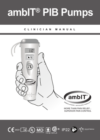 Table of Contents SECTION 1 - INTRODUCTION...1 1.1 Definitions and Symbols...1 1.1.1 Definitions...1 1.1.2 Definition of Symbols...2 1.2 Warnings...7 1.2.1 Sterile, Disposable (Single-Use) Administration Set...8 1.2.2 Protection From Air Infusion...8 1.2.3 Protection From Unintended Bolus...9 1.2.4 Use of ambIT® PIB Pumps in MRI Environment...9 1.3	Indications for Use...9 1.4	Product Description...10 1.4.1	Product Overview...10 1.4.2	ambIT® Pump User Interface...18 1.4.3	ambIT® Cassette...18 SECTION 2 - SET UP...20 2.1	Required Materials...20 2.2	ambIT® Cassette...21 2.3	Priming the Cassette...21 2.4	Attach Cassette to Pump...24 2.5	Remove Cassette from Pump...24 2.6	Changing Fluid Reservoir...25 2.7	Battery Installation and Replacement...25 2.7.1	Battery Installation...25 2.7.2	Battery Replacement...26 2.8	Pump Power On and Off...27 SECTION 3 - PROGRAMMING INSTRUCTIONS...28 3.1	General Information...28 3.2	Program Options...29 3.2.1	PCA Mode...29 3.2.2	PIb Mode...34 3.2.3	P+P Mode...37 3.3 Program Review...42 SECTION 4 - OPERATING INSTRUCTIONS...43 4.1	Start Infusion...43 4.1.1	PCA Mode Start Infusion...43 4.1.2	PIb Mode Start Infusion...43 4.1.3	P+P Mode Start Infusion...44 4.2	Pause Infusion...44 4.3	Resume Infusion...44 4.4	Silence Alarm...45 4.5	Bolus Activation...45 4.6	Summary of Operating Controls...46 SECTION 5 - INFUSION HISTORY REPORTS...47 5.1	Pump Infusion History...47 5.1.1	PCA Mode Infusion History...47 5.1.2	PIb Mode Infusion History...48  i  