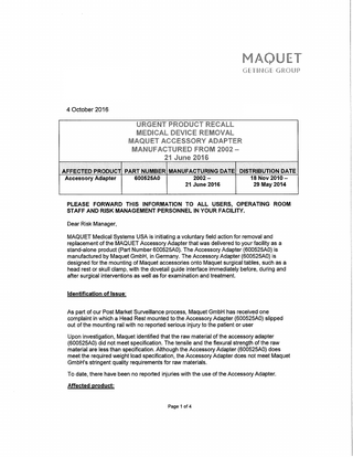 MAQUET Accessory Adaptor Urgent Product Recall Oct 2016 