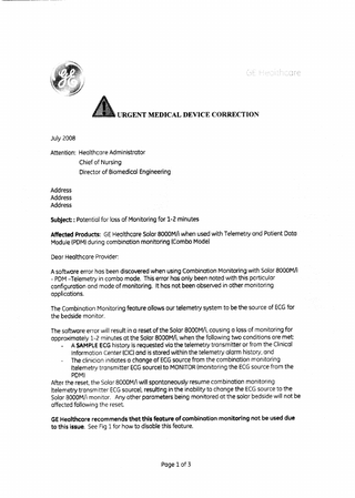 Telemetry and Patient Data Module Urgent Medical Device Correction July 2008