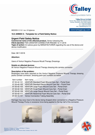 VENTURI NPWT Systems Urgent Fiel Safety Notice Nov 2018