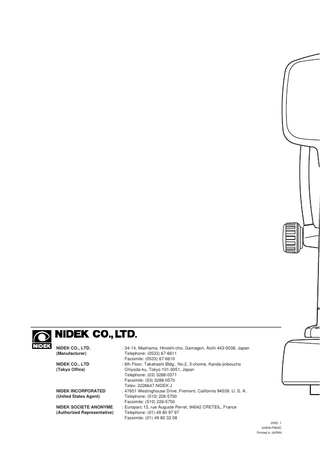 Table of Contents  §1 INTRODUCTION ...Page 1-1 1.1 Outline of the Device ... 1-1 1.2 Indications for Use ... 1-1 1.3 Classifications ... 1-1 1.4 Symbol Information ... 1-2  §2 SAFETY ... 2-1 2.1 Cautions in Storage, Transportation and Installation ... 2-1 2.2 Connecting the Device to a Wall Outlet and Handling the Power Cord ... 2-4 2.3 Cautions during Use ... 2-5 2.4 Maintenance ... 2-9 2.5 Disposal ... 2-9 2.6 Labels ... 2-10  §3 CONFIGURATION ... 3-1 §4 OPERATING PROCEDURES ... 4-1 4.1 Operation Flow ... 4-1 4.2 Auto-Off Mode ... 4-1 4.3 Preparation for Measurement ... 4-2 4.4 AR (refractive error) Measurement ... 4-5 4.4.1 When both auto-tracking and auto-shot are ON ... 4-5 4.4.2 When both auto-tracking and auto-shot are OFF ... 4-11 4.4.3 When auto-tracking is ON and auto-shot is OFF ... 4-14 4.5 PD (Pupillary Distance) Measurement ... 4-15  §5 PRINTOUT ... 5-1 5.1 Printing Measured Data ... 5-1 5.2 Eyeprint ... 5-4  §6 DATA TRANSFER USING EYE CARE CARD SYSTEM ... 6-1 6.1 Writing Measured Data to the Eye Care Card ... 6-1 6.2 Importing LM Data to be Used for the View Comparison Function ... 6-3 6.3 Erasing Data on the Eye Care Card ... 6-4  §7 ENTERING PATIENT ID USING BARCODE SCANNER ... 7-1 7.1 Connecting the Barcode Scanner ... 7-1 7.2 Reading a Patient ID ... 7-2  