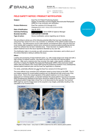 Brainlab ExacTrac Field Safety Notice -Display potentially incorrect June 2015