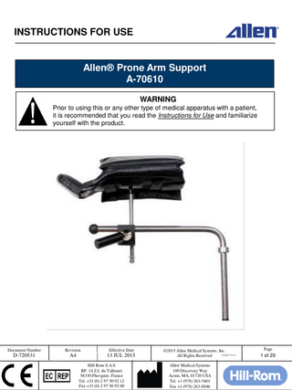 Prone Armboard A-70610 Instructions for Use Rev A4 July 2015