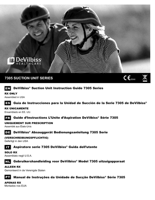 ENGLISH... ESPAÑOL... FRANÇAIS... DEUTSCH... ITALIANO... NEDERLANDS... PORTUGUESE...  EN-2 ES-12 FR-22 DE-32 IT-42 NL-52 PT-62  TABLE OF CONTENTS IEC Symbols... EN - 2 Important Safeguards... EN - 2 International Travel... EN - 3 Introduction... EN - 3 Accessory/Replacement Items... EN - 4 Important Parts... EN - 5 Set-Up... EN - 6 How to Operate Your 7305 Series DeVilbiss Suction Unit... EN - 6 Battery Charging ... EN - 7 Cleaning Instructions... EN - 7 Maintenance... EN - 8 Troubleshooting... EN - 9 Provider’s Notes... EN - 9 Specifications/Classifications... EN - 10 Warranty... EN - 11 Electromagnetic Compatibility Information... EN - 11  IEC SYMBOLS  IP33  Attention, consult instruction guide  Center positive polarity indicator  Do not get wet  It is mandatory to read and understand the operating instructions prior to use. This symbol has a blue background on the product label.  “On” compressor  Keep dry  Direct current  “Off” compressor (external battery charging)  External power  Alternating current  Battery Charging  Date of manufacture  Type BF equipment-applied part  Low Battery  Manufacturer  Protected against solid objects over 2.5 mm and direct sprays up to 60˚ from vertical.  Catalog Number  European Representative  Choking Hazard – Small parts not for children under 3 years or any individuals who have a tendency to place inedible objects in their mouth. Federal (U.S.A.) law restricts this device to sale by or on the order of a physician. This device contains electrical and/or electronic equipment that must be recycled per EU Directive 2012/19/EU-Waste Electrical & Electronic Equipment  IMPORTANT SAFEGUARDS When using electrical products, especially when children or pets are present, basic safety precautions should always be followed. Read all instructions before using. Important information is highlighted by these terms: DANGER– Urgent safety information for hazards that will cause serious injury or death. WARNING– Important safety information for hazards that might cause serious injury. CAUTION– Information for preventing damage to the product. NOTE– Information to which you should pay special attention.  READ ALL INSTRUCTIONS BEFORE USING THIS DEVICE. THE USER SHALL BE PROPERLY TRAINED PRIOR TO OPERATING THE DEVICE.  SAVE THESE INSTRUCTIONS. EN - 2  SE-7305  