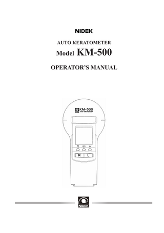 Table of Contents  §1 INTRODUCTION ...Page 1-1 1.1 Outline of Product ... 1-1 1.2 Indications for Use ... 1-1 1.3 Classifications ... 1-1 1.4 Symbol Information ... 1-2  §2 SAFETY ... 2-1 2.1 Operation ... 2-1 2.2 In Storage ... 2-5 2.3 In Installation ... 2-5 2.4 In Wirings ... 2-7 2.5 After Use ... 2-7 2.6 In Maintenance ... 2-8 2.7 Disposal ... 2-8 2.8 Labels ... 2-9  §3 CONFIGURATION ... 3-1 §4 SETTING AND CONNECTION ... 4-1 4.1 Setting of the Main Body and the Battery Pack ... 4-1 4.2 Connection of Battery Charger ... 4-1 4.3 Mounting the Main Body on a Slit Lamp ... 4-2 4.4 Mounting the Main Body on the Slide Base ... 4-3 4.5 Interfacing with External Instruments ... 4-4  §5 OPERATING PROCEDURES ... 5-1  5.1 Preparation ... 5-1 5.2 Standard Measurement ... 5-3 5.3 Sagittal Radius Measurement ... 5-5  §6 CHARGING THE BATTERY PACK ... 6-1 §7 OTHER FUNCTIONS ... 7-1  7.1 Illumination of Display Panel ... 7-1 7.2 Change of Corneal Curvature Display ... 7-1 7.3 Parameter Setting ... 7-1 7.3.1 Setting change ... 7-1 7.3.2 Parameter setting list ... 7-2 7.4 Time Setting ... 7-6  