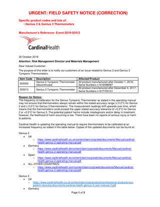 Genius 2 and 3 Urgent Field Safety Notice Oct 2019 - Calibration frequency issue 