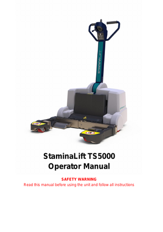 Table of Contents 1.  2.  3.  IMPORTANT SAFETY INFORMATION ... 6  1.1.  Definition ... 6  1.2.  Intended Use ... 7  1.3.  Safety First ... 7  1.4.  Explanation of Symbols ... 10  UNIT INTRODUCTION ... 11  2.1.  Basic Specifications ... 11  2.2.  Electrical Specification: ... 11  2.3.  Key Features ... 12  2.4.  Unit Overview ... 13  2.5.  Controller ... 15  2.6.  Battery Charger ... 19  2.7.  Batteries ... 19  2.8.  Operating Conditions ... 20  OPERATION ... 21  3.1.  Preparation for use... 21  3.2.  Basic Operation... 23  3.3.  Adjust Jaws to suit different sized wheels ... 25  3.4.  Moving Bed or Stretcher ... 26  3.5.  Moving Bed/Patient Combinations Over 500kg ... 27 [4]  