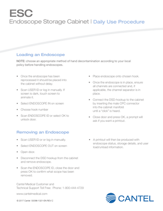 Endoscope Storage Cabinet Daily Use Procedure Guide Rev C