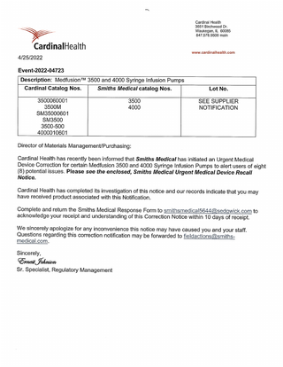 Medfusion 3500 and 4000 Syringe Infusion Pumps Urgent Medical Device Recall April 2022