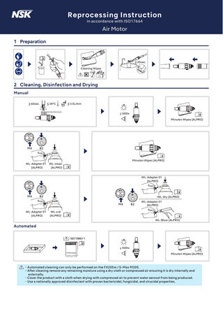 Reprocessing Instruction in accordance with ISO17664  Air Motor 1 Preparation  20sec. Cleaning Wipes  2 Cleaning, Disinfection and Drying Manual 38°C  60sec.  3.5L/min 500lx Minuten Wipes (ALPRO)  M4  B2  WL-Adapter 01 (ALPRO)  Minuten Wipes (ALPRO)  WL-clean (ALPRO)  WL-Adapter 01 (ALPRO)  M4  B2  WL-dry (ALPRO)  M4 WL-Adapter 01 (ALPRO)  B2  WL-Adapter 01 (ALPRO)  WL-cid (ALPRO) WL-Blow (ALPRO)  Automated ISO 15883-1 500lx Minuten Wipes (ALPRO)  ・Automated cleaning can only be performed on the FX205m / S-Max M205. ・After cleaning remove any remaining moisture using a dry cloth or compressed air ensuring it is dry internally and externally. ・Cover the product with a cloth when drying with compressed air to prevent water aerosol from being produced. ・Use a nationally approved disinfectant with proven bactericidal, fungicidal, and virucidal properties.  