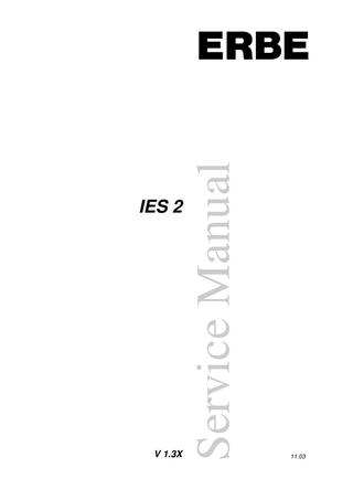 INHALT  Table of Contents  Chapter 1  Title  Page  Safety instructions ... 7 Classification of the safety information ...7 Knowledge of the User Manual...7 Protection from the risk of electric shock ...7 Liability and warranty ...8  2  Device structure and function... 9 General view ...9 Description of function ...11 Basic setting ...12 Software functions ...13 Operating mode ... 13 Setting mode... 17 Service mode... 19  Art.-Nr.: 80116-443 11.03  Hardware description ...21 Processor board ... 22 Pressure sensor... 22 Temperature sensor ... 22 Controller supervisor... 22 Power switch... 23 Power supply ... 23 Potential equalization socket ... 23 Power connection with fuses ... 23 Line filter motor ... 23 Motor control... 24 EEProm filter... 24 ECB interface (ECB = ERBE Communication Bus)... 24 Buttons... 24 LED display... 24  3  Replacing components... 25  4  Remedying malfunctions... 27  5  Maintenance and servicing ... 29 Safety check ...29  6  Technical data ... 31  7  Spare parts... 33  5 / 38  